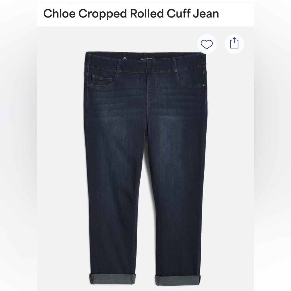 Liverpool Chloe Cropped Rolled Cuff Pull On Dark Wash Jeans NWT